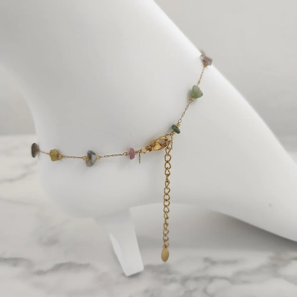 Minimalist Multicolor Dainty Stones 18K Gold Plated Anklet - Picture 8 of 15